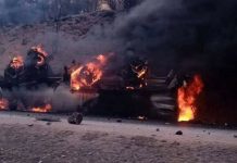 На трассе Бишкек-Ош сгорел бензовоз. На месте нашли тело мужчины