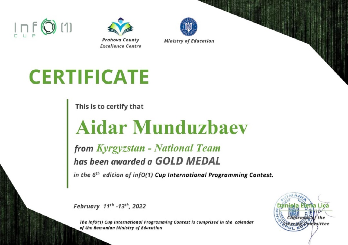 a0f0cb85d68f789cf652971ae7063ad3 Школьник из Бишкека выиграл золото на Международной олимпиаде по информатике