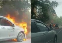 В Бишкеке загорелось такси. ВИДЕО