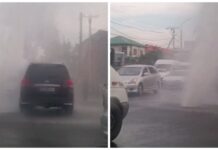 В Бишкеке прорвало трубу, посреди дороги бьет фонтан. ВИДЕО