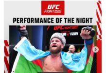 Рафаэль Физиев UFCде жеңиштен кийин Азербайжандын желегин көтөрдү