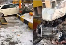 На трассе Бишкек – Кант «Тойота» снесла стенд на АЗС — видео