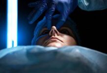 Көзүнө сурма жасаткан аял көз жумду